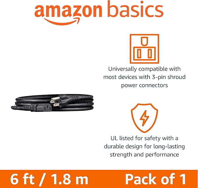 Amazon Basics PC Power Cable, 6 feet, AC Power Cord for Monitor, Computer, TV, 3 Prong, 18 AWG, 125 Volts, NEMA 5-15P to IEC320C13, UL Listed, Black