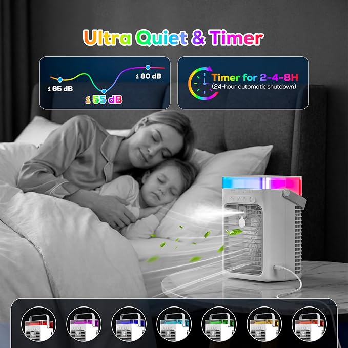 Portable Air Conditioner, 3-in-1 Evaporative Air Cooler with 3 Speeds & 2 Mist Modes, 1000ml Personal Mini AC Unit, USB Powered Small Cooler with RGB Light & Timer for Bedroom Office Desk (Grey)