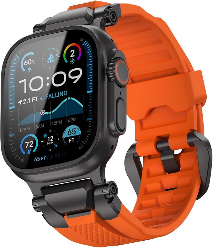 ULTIMAL Rugged Band for Apple Watch Ultra 3/2/1 49mm, Series 11/10/9/8/7/6/5/4 SE 46mm/45mm/44mm, Waterproof, Soft TPU Strap with Stainless Steel Buckle & Connectors, Sweat-Resistant, Easy to Clean, Fits 155-225mm Wrist (Black/Orange)