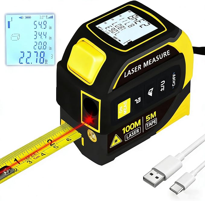 4-in-1 Laser Tape Measure 328FT, Digital Laser Distance Meter,16FT Steel Tape, Dual-Axis Electronic Angle & Crosshair Level,Area/Volume/Pythagorean,LCD Rechargeable Measuring Tool(Yellow)