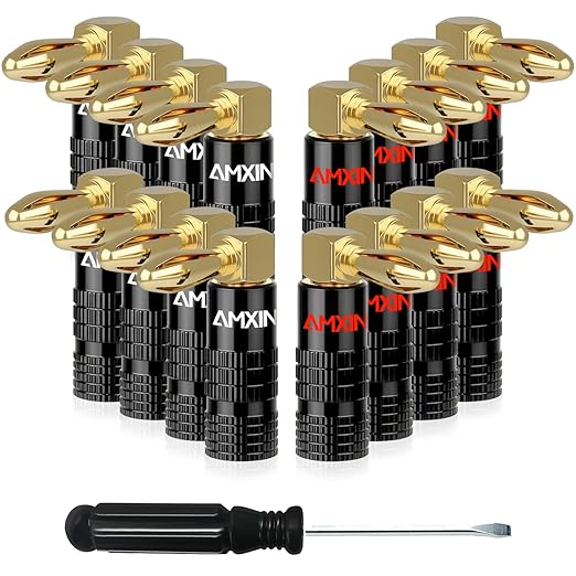 Right Angle Banana Plugs (8 Pairs, 16 Pieces), Closed Screw 24K Gold Plated Speaker Connectors for Speaker Wire, Wall Plate, Home Theater, Audio/Video Receiver, and Sound Systems