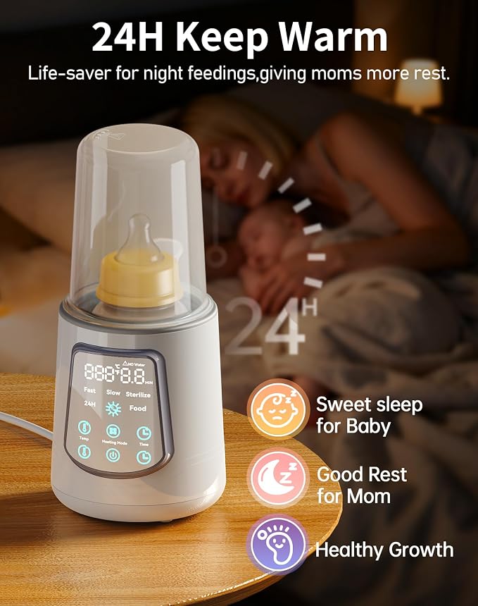 12 in 1 Fast Baby Bottle Warmer with Even Heating No Hot Spots, Night Mode, Sterili-zing,Constant Temp Milk Warmer for Breastmilk & Formula, Fits All Bottles Lt-Gray