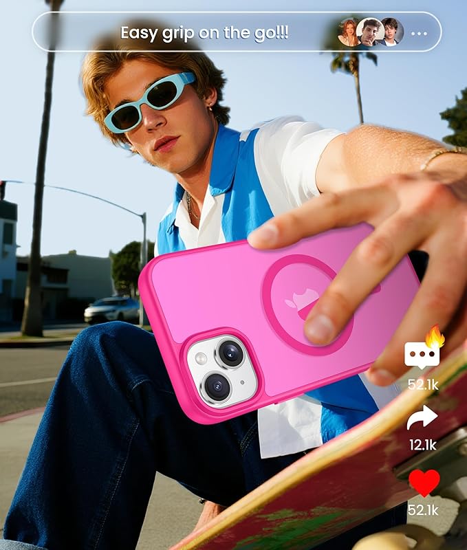FNTCASE for iPhone 15 Plus Case: for iPhone 14 Plus Case [Compatible with Magsafe] Translucent Matte Cases with [Screen Protector] Military Grade Shockproof Protective Phone Cover - Hot Pink