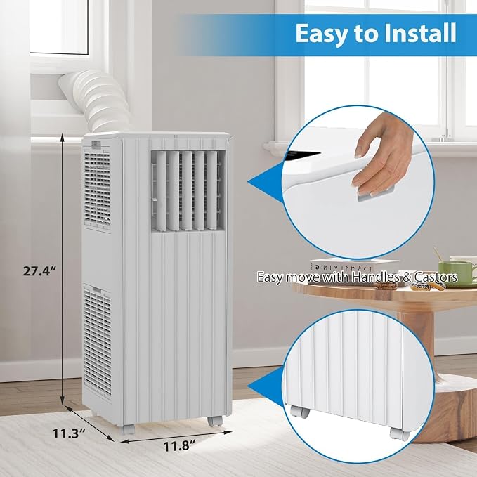 Portable Air Conditioner with 8,000 BTU Cooling Power – 3 Modes (Cool, Dehumidify, Fan) for Rooms Up to 350 Sq.Ft, Includes Remote, 24H Timer & Easy-Install Window Kit