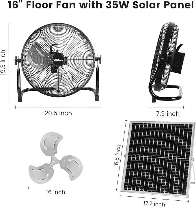 16'' Solar Powered Fan with 35W Solar Panel, Rechargeable Battery Operated Floor Fan with 23FT Cable, Cordless Portable Outdoor Fans for Home, Camping, Chicken Coop, Greenhouse, Power Outages