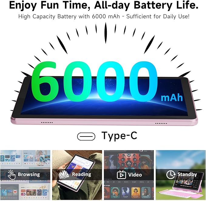 10 Inch Tablet Android 15 Tablets with Case 4+16GB RAM+128GB ROM, 6000mah Battery 10 in Android Tableta, 2MP+8MP Dual Camera 10.1'' IPS HD Touch Screen Tab (Pink+Keyboard)