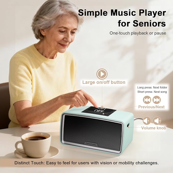 Large Button Simple Music Player for Seniors, Easy MP3 Player for Elderly, Dementia, Blind,Alzheimer's & Visually Impaired, Music Box with 32GB TF Card, One-Touch Play (Blue)