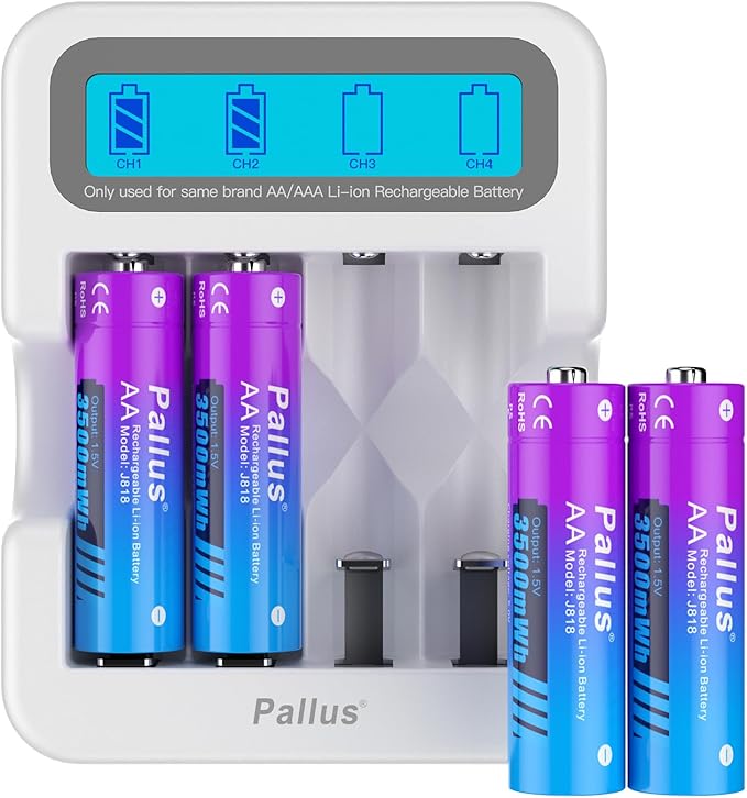 Pallus 1.5v Rechargeable Lithium AA Batteries, 4-Pack 3500mWh High Capacity AA Rechargeable Batteries with LCD Charger for Blink Security Camera, VR/AR, Constand Voltage, Cycle 1600x, Long Lasting