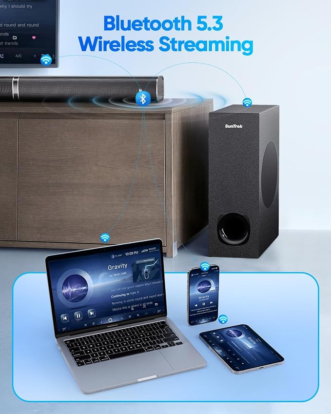 Soundbar with Subwoofer for TV, Home Theater Bluetooth 5.3 Speaker System with 2 Wireless Karaoke Mics, Surround Sound Audio with HDMI ARC, Optical, AUX, USB for Movie, Music, Family Party(Peak 240W)