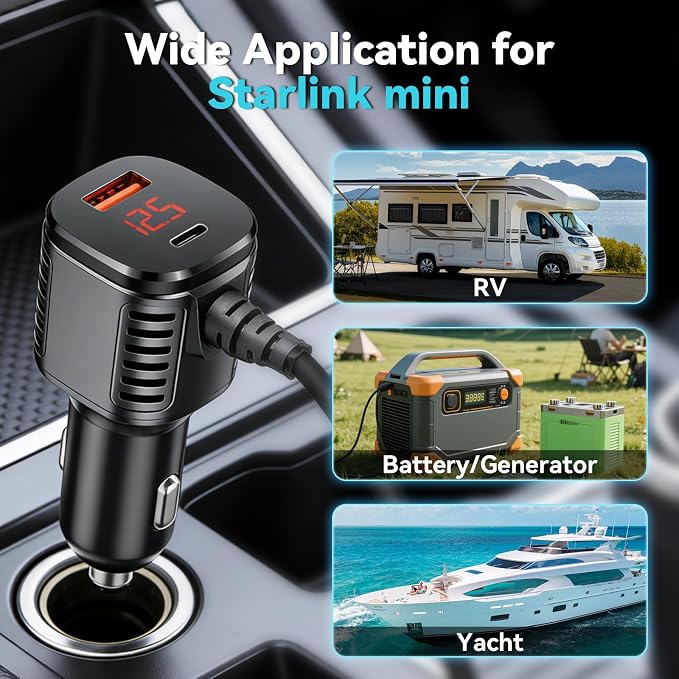 Starlink Mini Car Adapter with Step Up Converter, Carsupro Cigarette Lighter Power Boost Adapter 10-28V to 30V 3.5A Power Cord with USB A, Type-C Ports and Voltmeter for Truck RV Marine