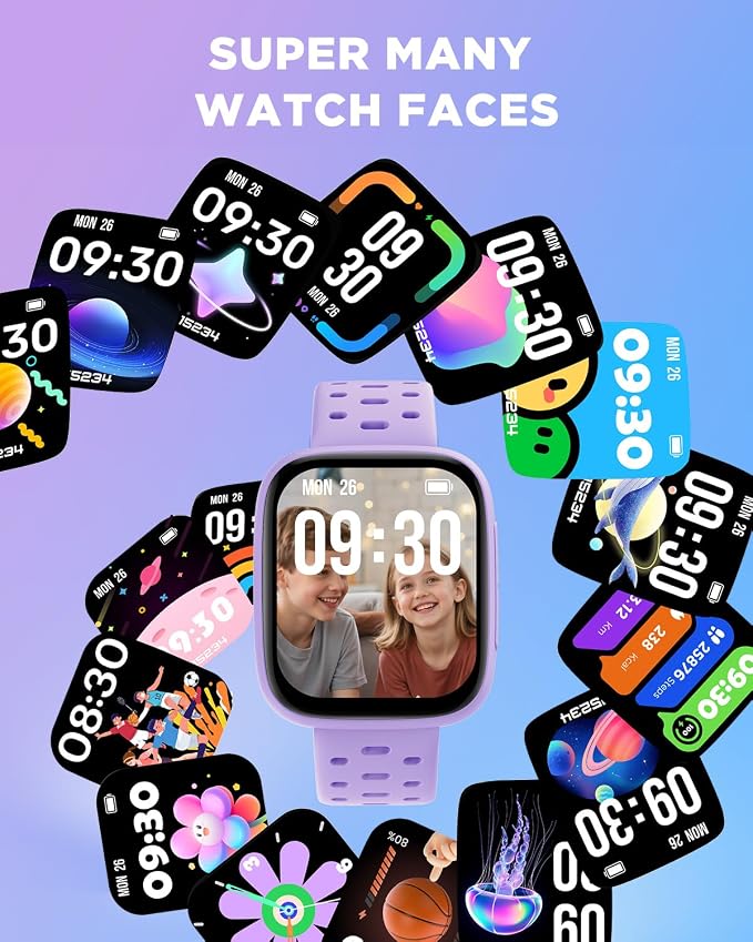 BIGGERFIVE Kids Watch No Phone Needed, 1.8" Amoled Smart Fitness Watch Pedometer, Heart Rate, Sleep Tracker, 30m Waterproof, Step Counter, Puzzle Games, 100+ Dials, Gifts for Girls 5-16, Lilac