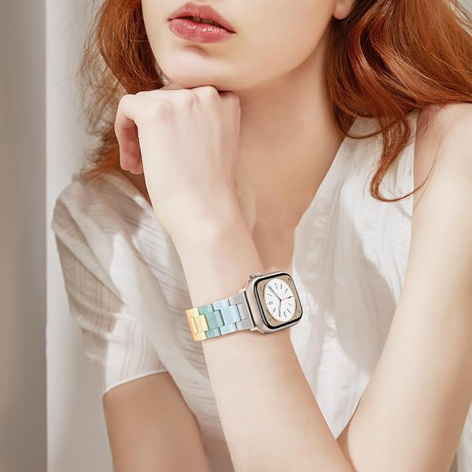 V-MORO Resin Bands Compatible with Apple Watch Series 11/10/9/8/7 Band 40/41/42mm Lightweight Fashion Strap Bracelet with Starlight Buckle for iwatch Series SE/6/5/4/3/2/1(Bonbon Rainbow,38/40/41/42mm)