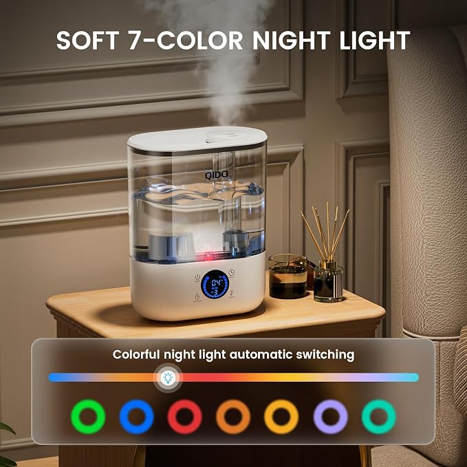 QIDO Top Fill Humidifiers for Bedroom, 5 L Cool Mist 36H Super Long Time, Quiet 28dB Essential Oil Diffuser for Baby & Plants, 3 adjustable Mist with Touch/APP/7-color Nightlight, White