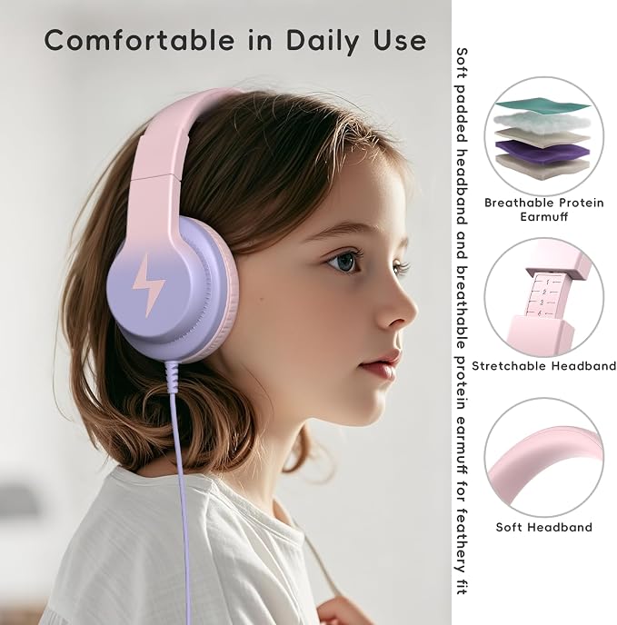 Candy Bila Kids Headphones, Wired Headphones for Kids Over Ear with Microphone, 85/94dB Volume Limiter Headphone for Girls Boys, Foldable Headphone for Learning & Entertainment, Gradient Pink