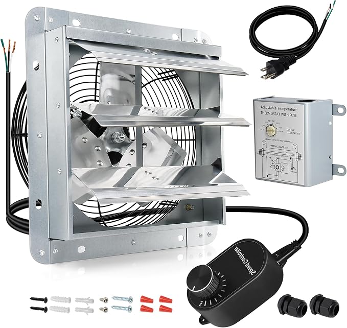 Hiorucet 7 Inch Wall Mounted Shutter Exhaust Fan with Thermostat and Speed Controller for Garage, Greenhouse, Shop, Attics, Chicken Coop, Shed, Basement, 760CFM 1600RPM Low Noise Louvered Exhaust Fan.