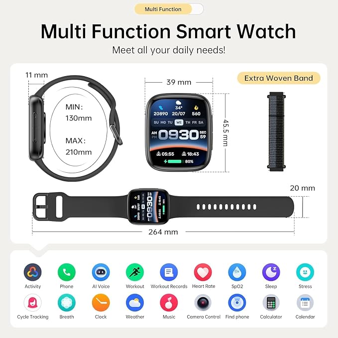 Quican Smart Watch for Women Men (2 Bands), 1.85" AMOLED Smartwatch for iPhone & Android Phones, Heart Rate/ SpO2/ Sleep Monitor, 3ATM Waterproof, Calls & Messages, 120+ Sports Modes Fitness Tracker