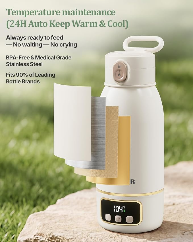 Portable Bottle Warmer for Travel, Fast Baby Bottle Warmer On the Go with Precise Temp Control, 17 OZ Milk Warmer, Leak-Proof Cordless Breastmilk Warmer, Fits Most Bottles, Ideal Newborn Baby Gift