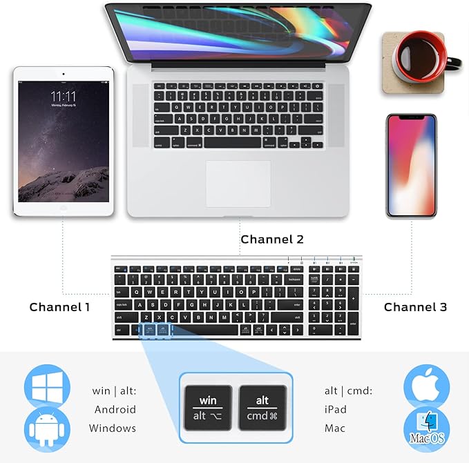 iClever BK10 Bluetooth Keyboard, Wireless Rechargeable Ultra-Slim Keyboard with Long Battery Life, Compatible with iOS, Android, Windows, Mac for iPad, Tablet, Laptop, PC, Phone (Silver Black)