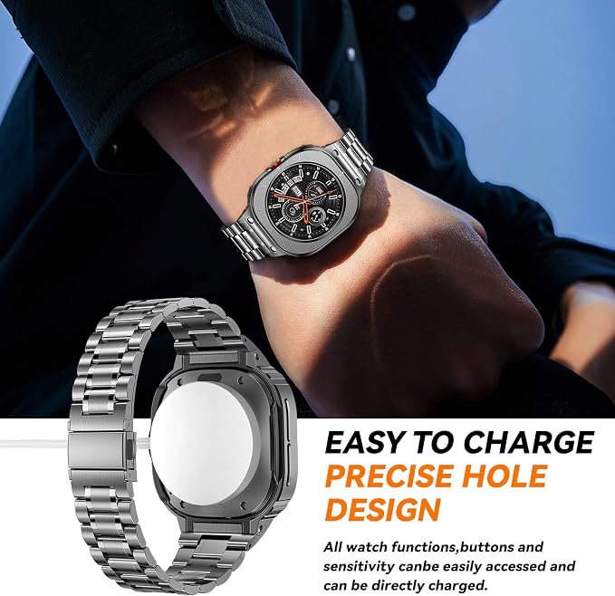 BAITEYOU Stainless Steel Bands with Case Compatible with Samsung Galaxy Watch Ultra 2/1 47mm (2025 2024), Rugged Protector Cover Metal Band for Galaxy Watch 7 8 Ultra for Men (Grey)