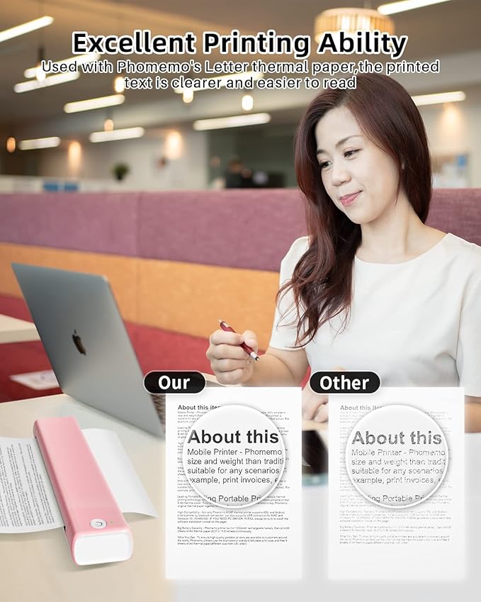 Phomemo Inkless Portable Printer for Travel - Wireless Thermal Printer Compatible with Phone & Laptop, Bluetooth Printers Supports 8.5" X 11" Letter Thermal Paper, Come with Carry Case