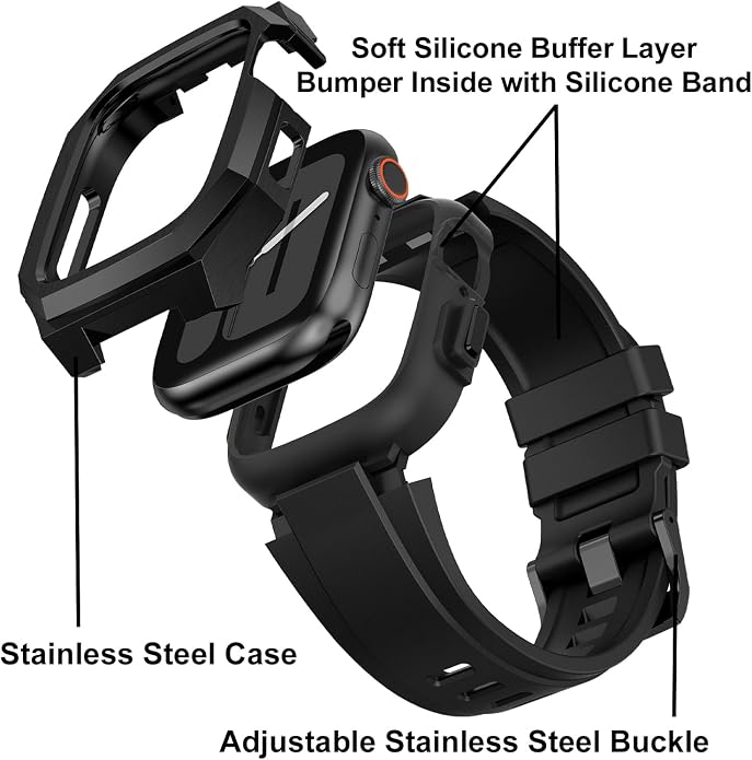 Luxury Metal Case with Band Compatible for Apple Watch 44mm 45mm 46mm 49mm,Men Rugged Protective Bumper Cover with Soft Silicone Strap for iWatch Series 11/10/9/8/7/6/SE3/SE2/SE/5/4 and Ultra 3/2/1 49mm