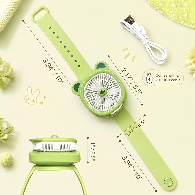 Personal Fan with Wrist Strap - Battery Operated, USB Rechargeable Fan Portable, LED Lights, 3 Adjustable Speed - Portable Fans for Kids Children Boys Girls Indoor Outdoor (Green)
