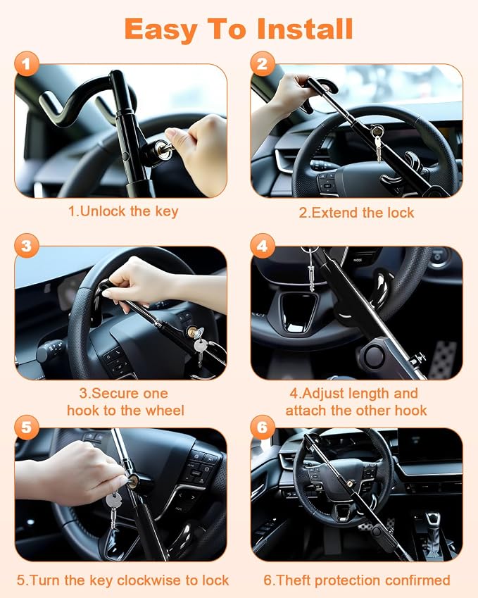 ELECTOP Black Steering Wheel Lock with 113dB Car Alarm Anti-Theft Device Double Hook Car Lock with Adjustable Locking & 2 Keys, Car Alarm System with Motion Sensor for Vehicle Truck Van SUV