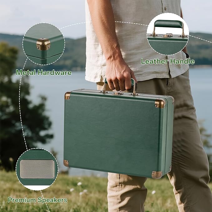 Record Player Portable with Bluetooth Connection USB Playback and Built in Rechargeable Battery 3 Speed Turntable Suitcase Design Vinyl Player with Built in Speakers for Home or Travel