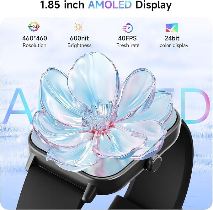Smart Watch for Men,1.85 inch AMOLED Touchscreen for Android & iPhone Alexa Built-in Bluetooth Calls,Fitness Watch 110+ Sport Modes Heart Rate/Sp02/Sleep/Calories Monitor IP68 Waterproof(Black, 1.85)