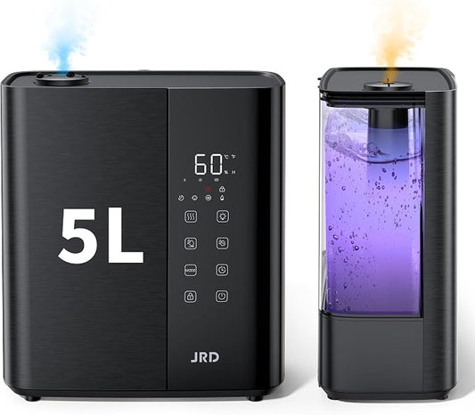 JRD Warm & Cool Mist Humidifiers for Bedroom 5L, Quiet Ultrasonic Air Humidifier Fast Symptom Relief, 50H Runtime, Oil Diffuser, 12H Timer, 7 Color Light for Large Room, Office, Baby, Plants-Black