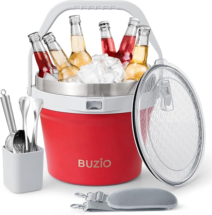 BUZIO 7 L Insulated Ice Bucket with Lid and Scoop & Tongs, Double Wall Large Ice Buckets for Parties Cocktail Bar Champagne, Holds 6 Longnecks or 3 Wine Bottles, Red