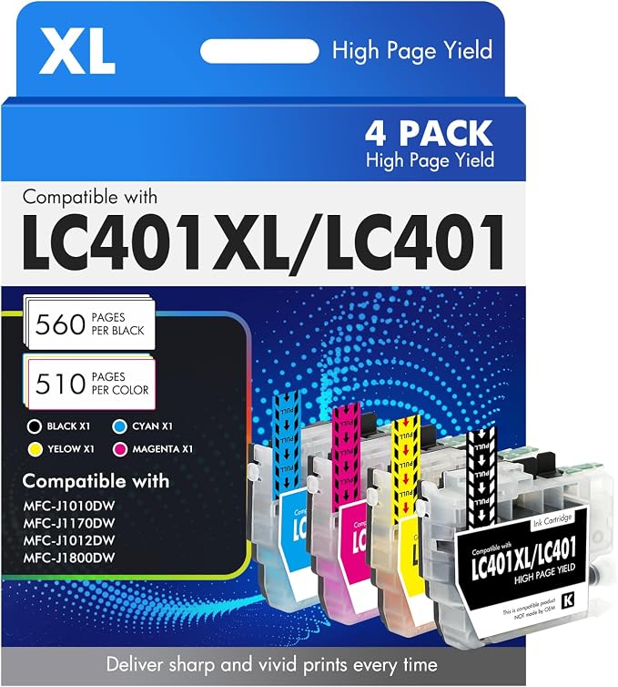 Cool Toner LC401XL LC401 MFC-J1010DW Ink Cartridges for Brother Printer LC 401 401XL for MFC-J1010DW MFC-J1170DW MFC-J1012DW MFC-J1800DW MFC J1010DW - 4 Pack High Yields Black Cyan Magenta Yellow