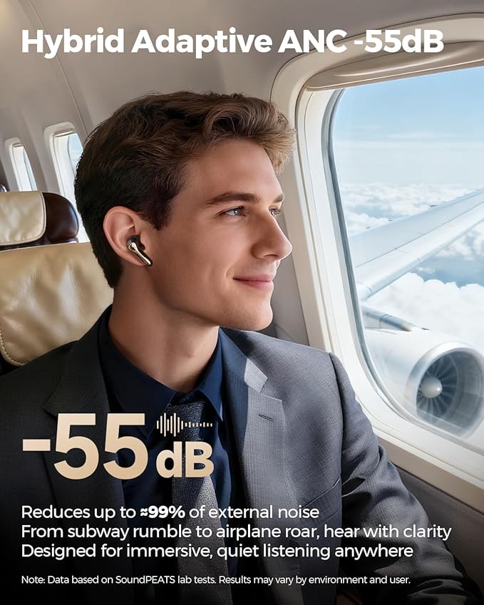 SoundPEATS Air5 Pro+ Wireless Earbuds, LDAC & aptX Lossless, xMEMS Warm Treble Hi-Res Audio, Hybrid Driver Earbuds with 10mm Composite Speaker, 55dB AI Adaptive ANC, Bluetooth 5.4, Weightless Comfort