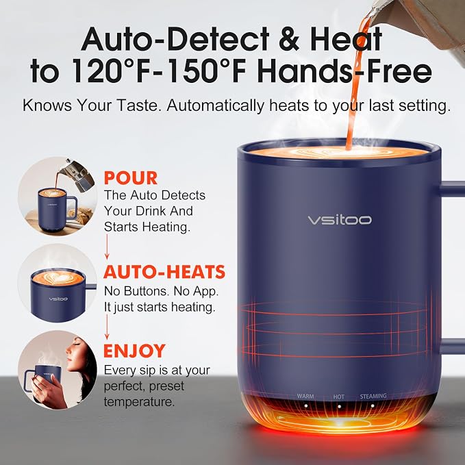VSITOO S3 Plus 14oz Self Heating Coffee Mug with Auto-Sensing AI - Smart Rechargeable Heated Mug, Temperature Control 120-150℉, IPX7 Waterproof, Coffee Warmer Gift for Women Men-Blue