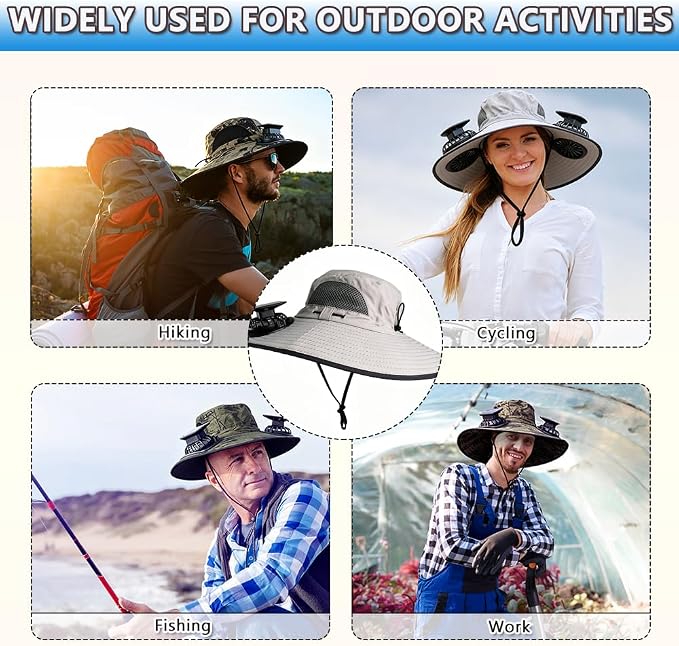 Solar Fan Hat Rechargeable 2Detachable Solar Fans,Water-Repellent Wide Brim Bucket Hat, Outdoor Camping Hiking Golf Sun Hat