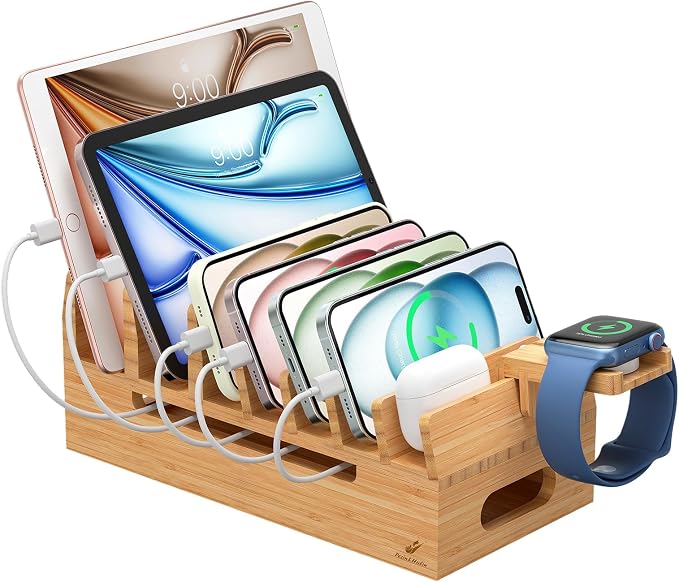 Bamboo Charging Station with Watch Stand, Docking Holder for Multi Device with 5 Charge Cables, Desktop Dock Stations Electronic Organizer for Cellphone, Tablet, Watch(No USB Charger)-Natural Bamboo