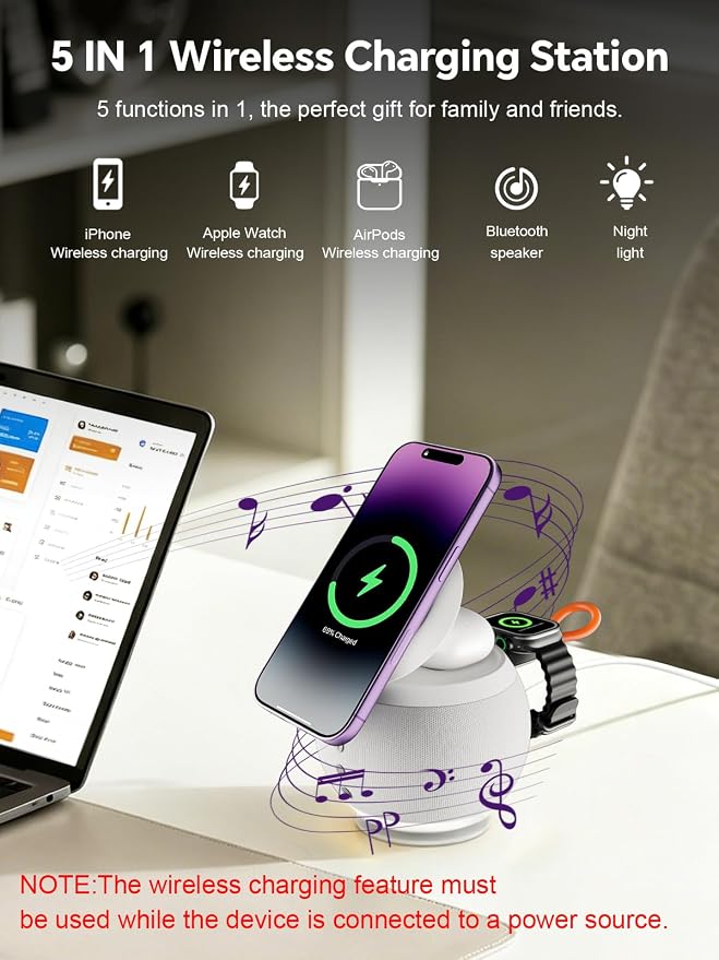 5 in 1 Wireless Charging Station with Bluetooth Speaker and Night Light, Magnetic Fast Charger Stand for iOS Phones, Smartwatch and Wireless Earbuds, Bedside Charging Station, White