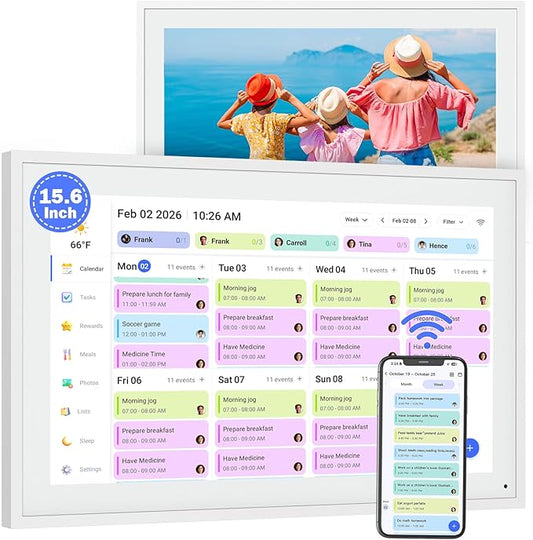 15.6" Smart-Digital-Calendar Picture Frame Chore-Chart - Touchcreen Interactive Electronic Calendar Display, Star Reward, Meal Planner, Auto-Sync Google iCloud Outlook, Wall Mountable Gift for Mom Dad