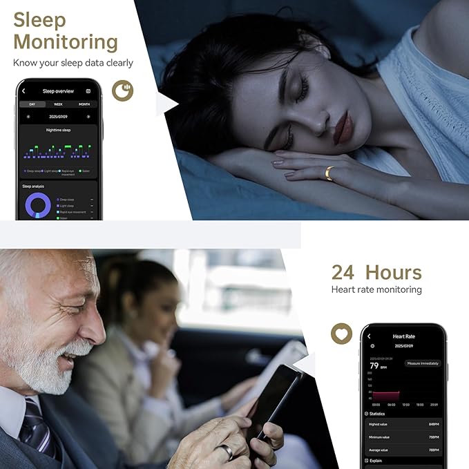 Smart Ring for Women & Men, Fitness Tracker with Heart Rate, Blood Oxygen, Sleep Monitoring, Long-Lasting Battery, IP68 Waterproof, No Subscription Fee (Gold, #6)