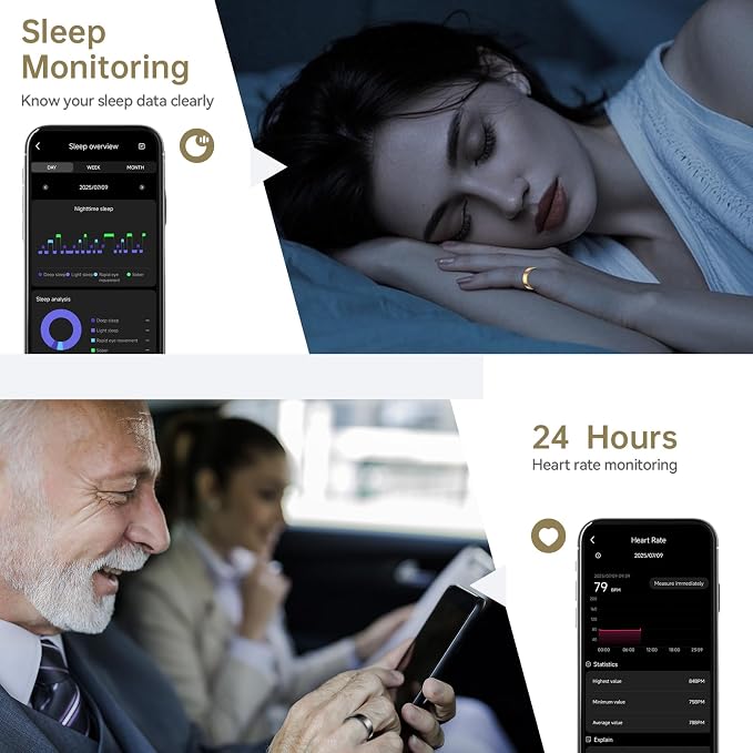 Smart Ring for Women & Men, Fitness Tracker with Heart Rate, Blood Oxygen, Sleep Monitoring, Long-Lasting Battery, IP68 Waterproof (Black, #8)