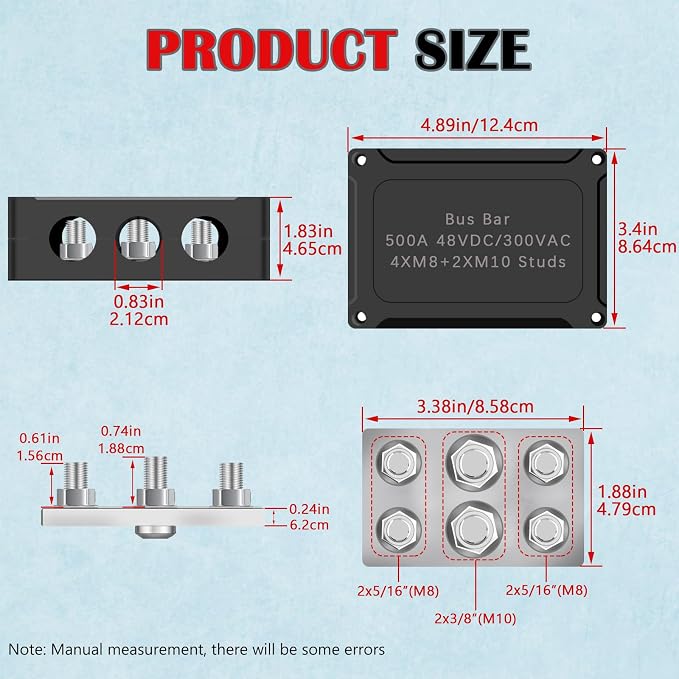 500A Marine Bus Bar Heavy Duty Power Distribution Block, Battery Busbar, Waterproof Automotive Buss Bar with 4X 5/16" (M8) +2X 3/8" (M10) Studs for Car, Boat and Solar Wiring (Black+Red)