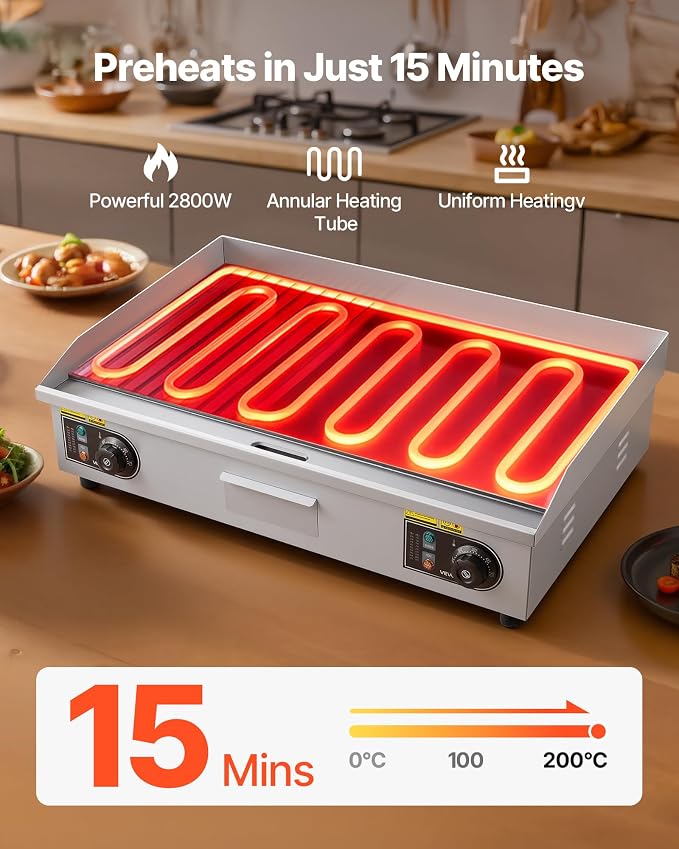 VEVOR Commercial Electric Griddle, 28.54 x 15.75 in, 2800W, 122-570°F Adjustable Temp Control, Stainless Steel, Half Grooved Half Flat, with 2 Spatulas, 2 Brushes, and 4 Foot Pads, for Steak(NO PLUG)