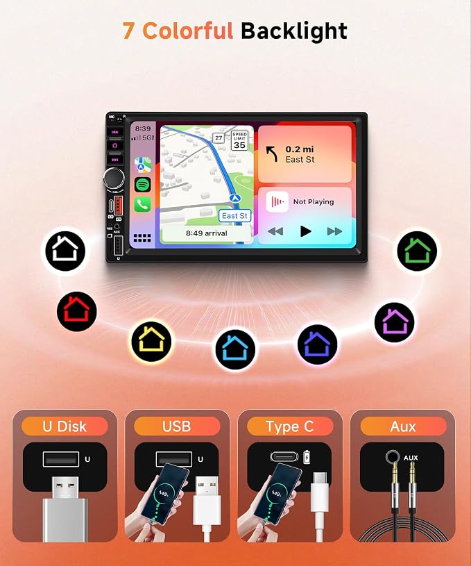 Rimoody Double Din Car Stereo, 7 Inch Touch Screen Wireless Carplay & Android Auto, Car Radio with Bluetooth/FM/EQ/SWC/MIC, Backup Camera Included, USB/AUX/TF/Type-C Car Audio Receiver