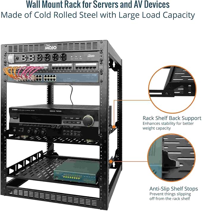 Tecmojo 16U Open Frame Network Rack for IT & AV Gear, AV Rack Floor Standing or Wall Mounted,with 2 PCS 1U Rack Shelves & Mounting Hardware,Network Rack for 19" Networking,Audio and Video Device