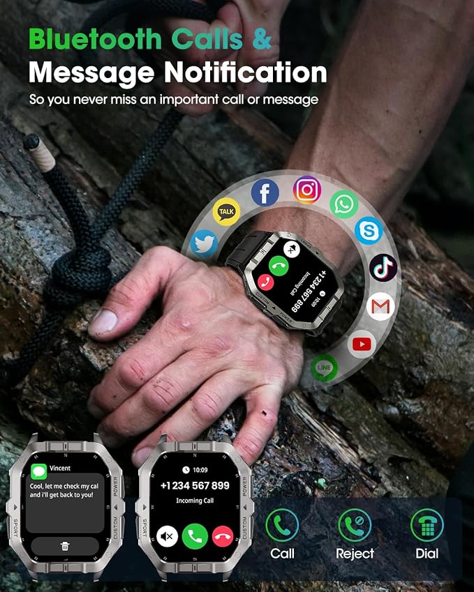 Military Smart Watch Built-in GPS, 100+ Sport Modes for Men, Smartwatch with Heart Rate & Sleep Tracking, 2ATM Waterproof, Bluetooth Calling, Fitness Watch for iPhone & Android, Black