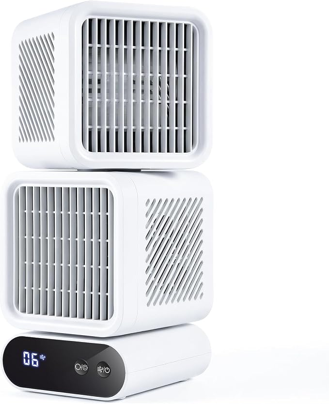 Dual-Head Desktop Fan， Portable Table Fan with Automatic Oscillation, Rechargeable Battery Operated, 12 Inch Small Quiet Fan for Bedroom, Office, Dorm & Home Use，6 Speeds,4000mAh Battery（White）