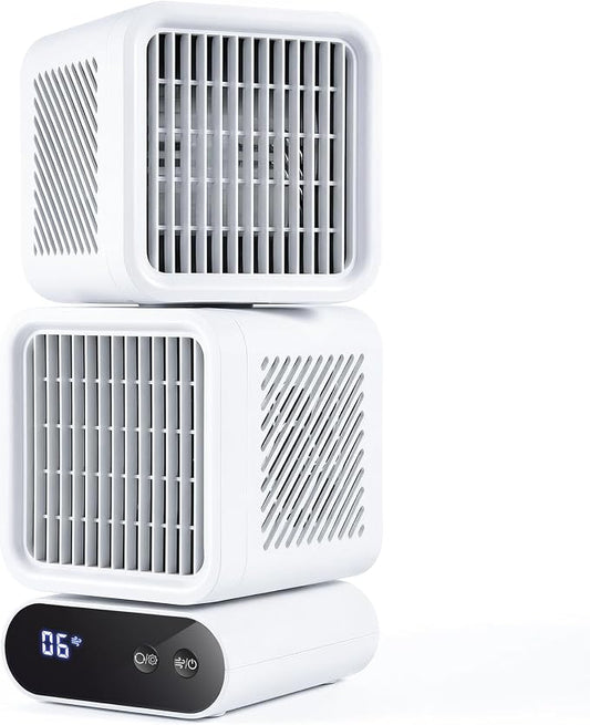 Dual-Head Desktop Fan， Portable Table Fan with Automatic Oscillation, Rechargeable Battery Operated, 12 Inch Small Quiet Fan for Bedroom, Office, Dorm & Home Use，6 Speeds,4000mAh Battery（White）