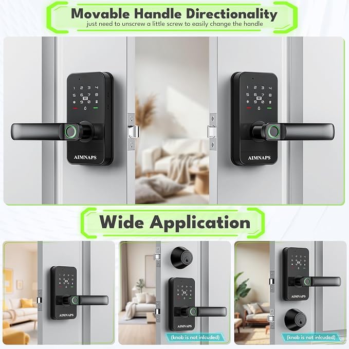 Keyless Entry Door Lock with Handle, Door Locks for Front Door, Auto Lock, WiFi Fingerprint Door Knob with App, Key, Passcode, Digital Smart Code & Front Handle Sets-Black