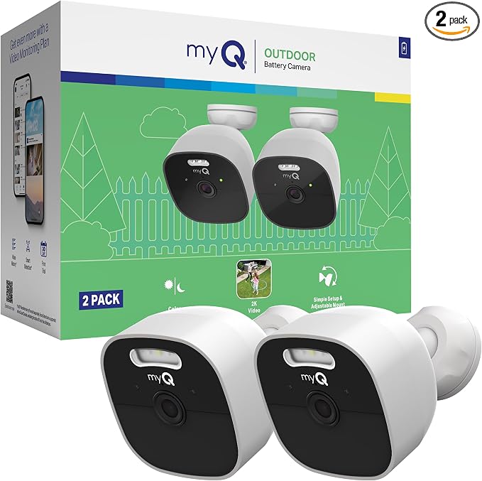 Chamberlain myQ Outdoor Battery Camera | 2K Camera, Color Night Vision, Spotlight, Motion Alerts, Live View with Two-Way Talk, Wireless, Weather-Resistant, Outdoor, White, 2 Pack
