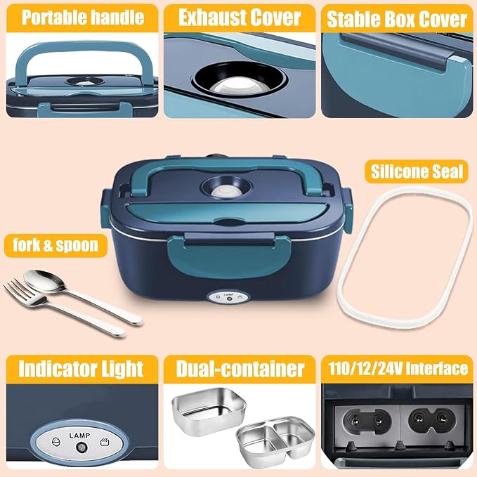 Electric Lunch Box for Adults - 80W Fast Heating, 12V/24V/110V, Dual Stainless Steel Containers, Portable for Car/Truck/Office/Outdoor (blue)